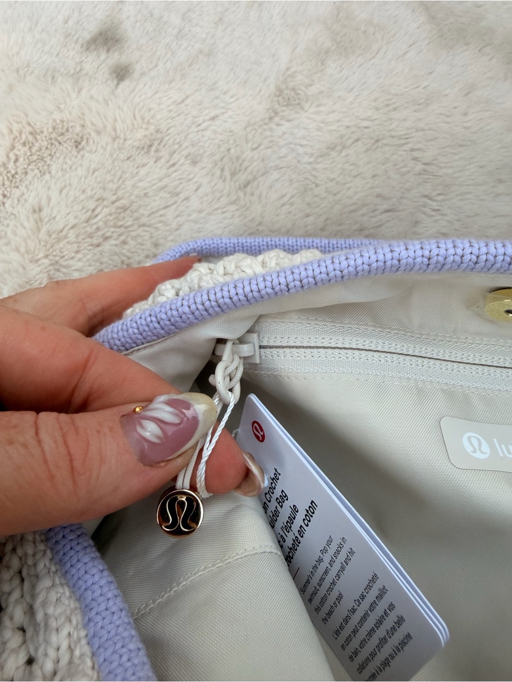 NWT lululemon athletica Cream Crochet Shoulder Bag with Lavender Trim - Picture 13 of 13